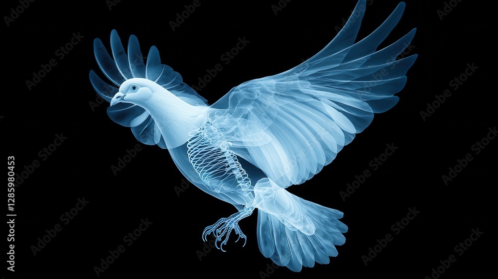 Poster artistic x ray image of a dove in flight skeletal structure and feathers visible