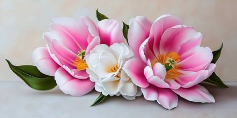 Whispered Love Petals. Pale pink tulips and white camellias arranged with a subtle watercolor effect for a peaceful, romantic atmosphere.