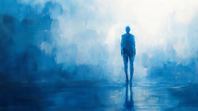 Solitary Figure Walks Toward Bright Light Blue Hues Serene Peaceful Ambiance. AI Generated