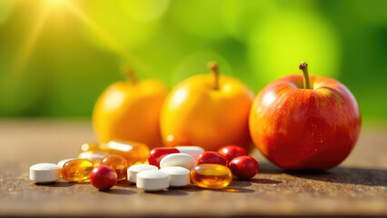 Apples and various pills are set on a wooden surface under sunlight. Concept of: Natural versus synthetic health.