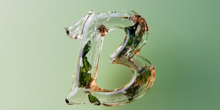 Transparent glass letter b with leaf and bubble design
