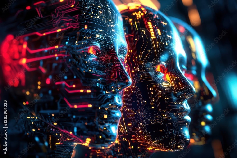 Poster intriguing visual of futuristic robotic faces illuminated by vibrant circuitry in a dark, technologi
