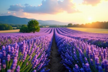 Obraz premium Rows of lavender swaying gently, idyllic summer scene, outdoor, plant, lavender