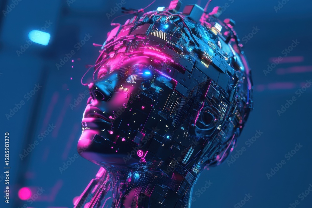 Poster futuristic artificial intelligence head illuminated by vibrant neon lights in a high-tech environmen