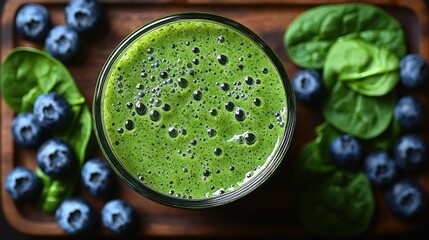 Obraz premium Healthy green smoothie with blueberries and spinach on wooden board