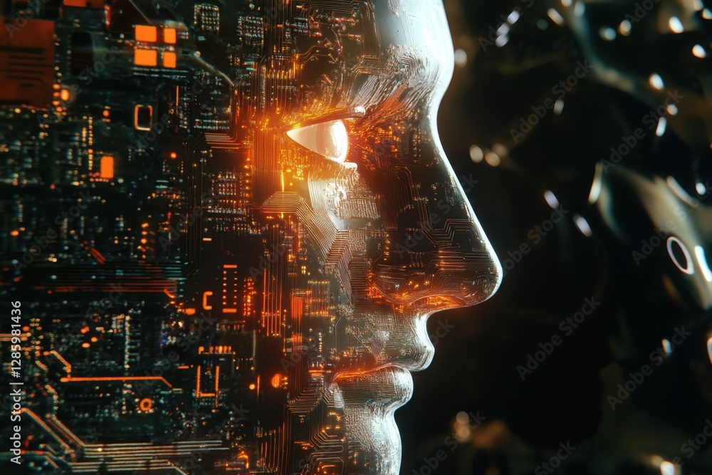 Poster exploring the fusion of humanity and technology through a digital visage illuminated by intricate ci