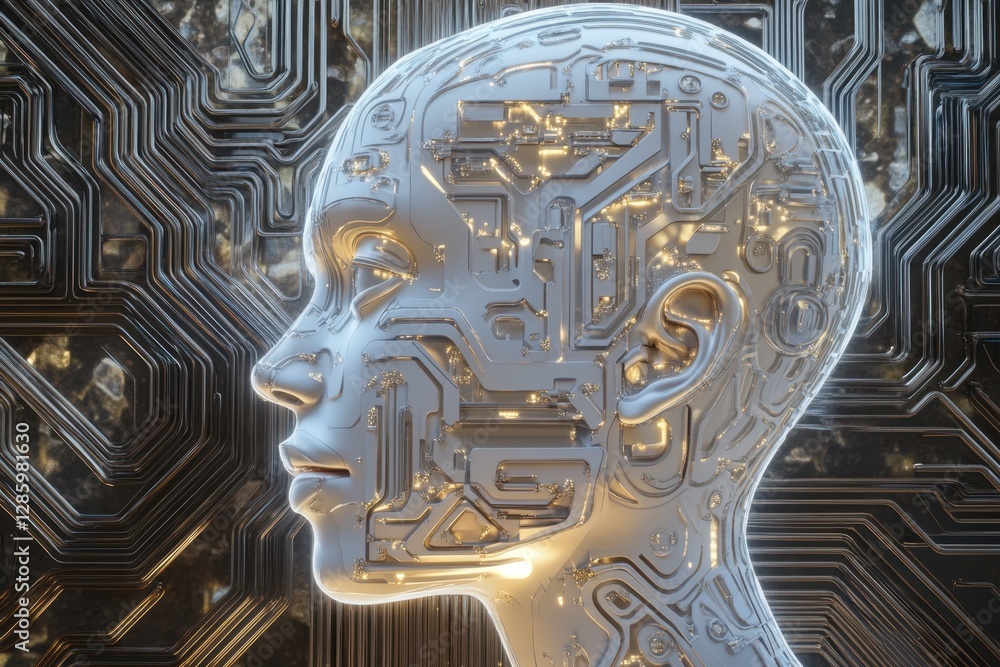Aufkleber cyborg integration blending human form with intricate circuitry in a futuristic landscape. generativ