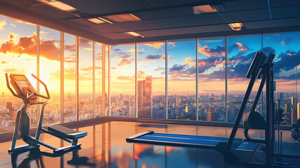 gym room with urban view