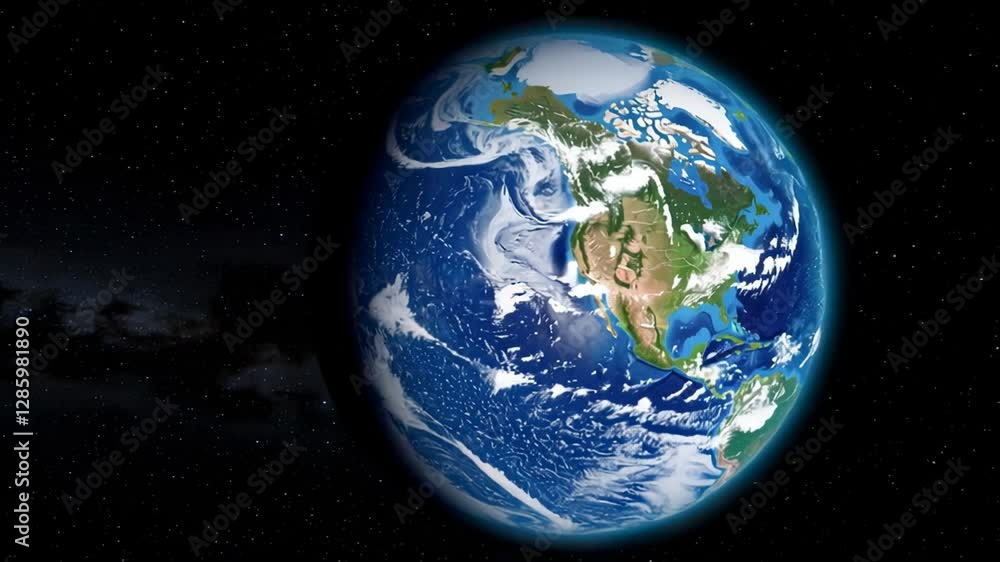 Poster rotating planet revealing north american continent, gliding smoothly against starry cosmic backgroun