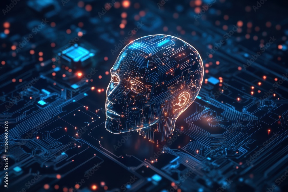 Poster digital human head emerges from a circuit board, symbolizing the fusion of technology and intelligen