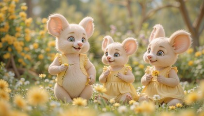  Three mice with dandelions in a sunny field.