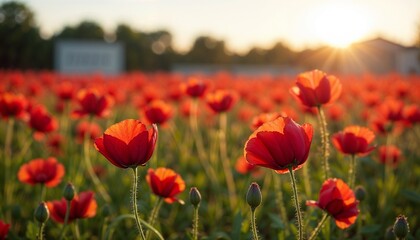 Red poppy flowers in field at sunset.