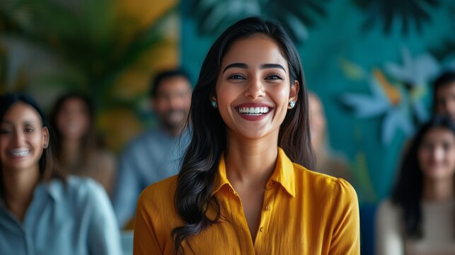 Young successful woman smiling and enyoing in ofice with other people - team building