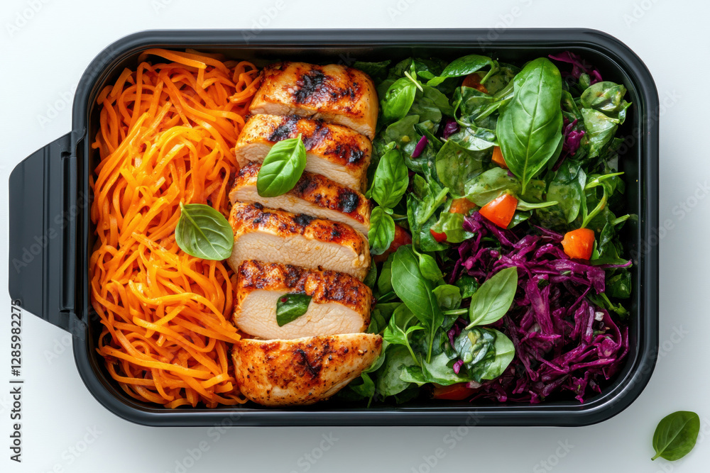 Poster food in black plastic box, high-quality top view image with isolated elements and ample background s