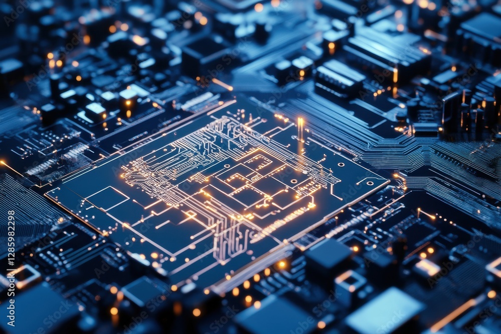 Poster exploring the intricate details of a modern circuit board illuminated by vibrant led lights at night