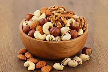 Delicious Mixed Nuts in Wooden Bowl on Wooden Table. Close-up of a wooden bowl overflowing with a variety of mixed nuts, including almonds, cashews, walnuts, hazelnuts, and pistachios.