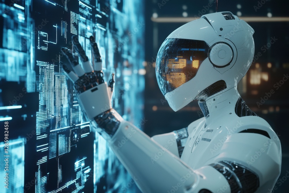 Poster robotic entity interacts with a digital interface in a futuristic environment filled with glowing da