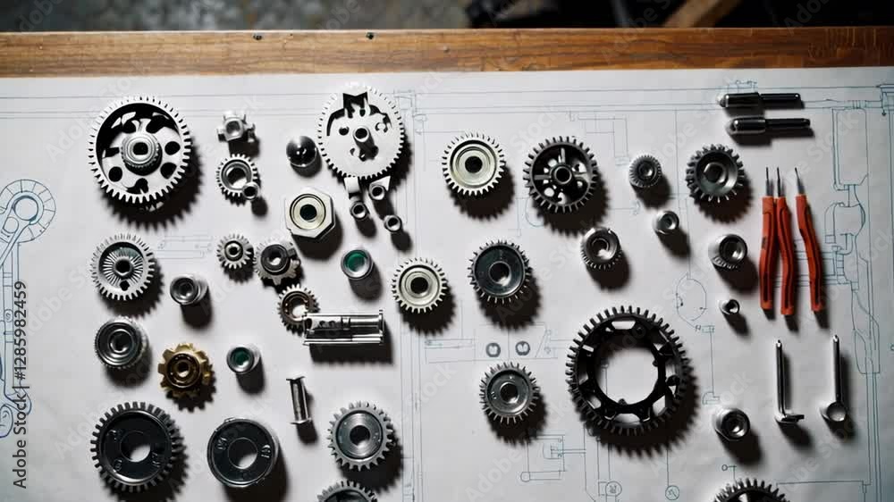 Poster small metal gears, bolts, and tools lie scattered across a blueprint on a wooden table in this slow 