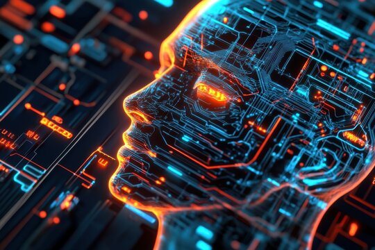 Futuristic human face formed of glowing circuitry and neon patterns symbolizes the fusion of humanity and technology. Generative AI