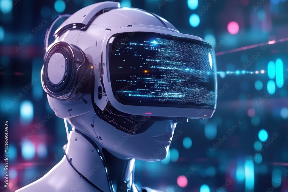 Poster futuristic robot explores a digital universe through an immersive virtual reality experience in a cy