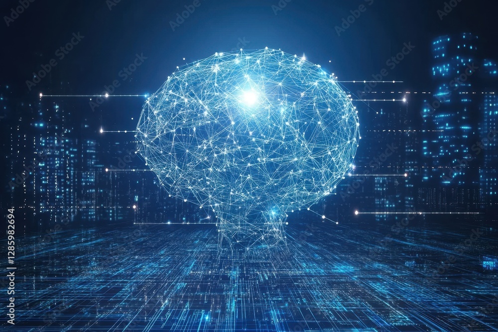 Poster exploring the digital landscape of artificial intelligence with a striking neural network representa