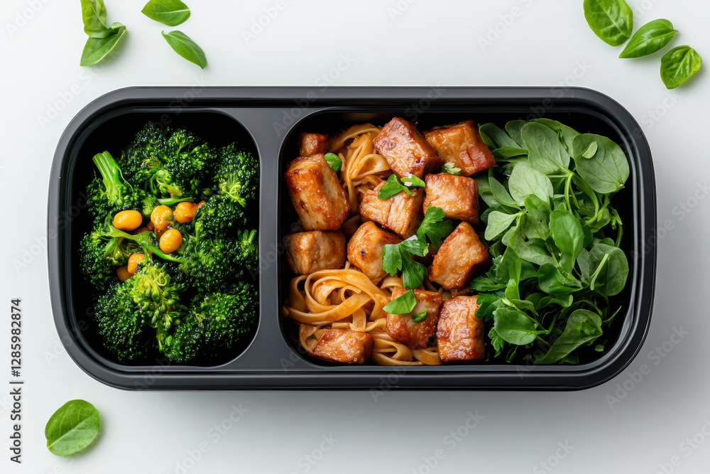 Poster food in black plastic box, high-quality top view image with space isolation for versatile use in des