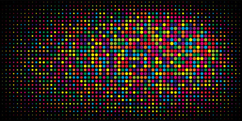 Colorful halftone dots. Rainbow and black geometric gradient for pop art designs. Geometric vintage monochrome fade wallpaper. Pop art print. Dotted geometric retro pattern. Comic halftone background.