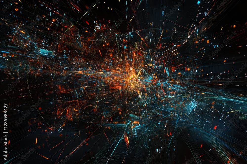 Poster exploring a vibrant and dynamic cosmic burst of colors illuminating the depths of a digital universe
