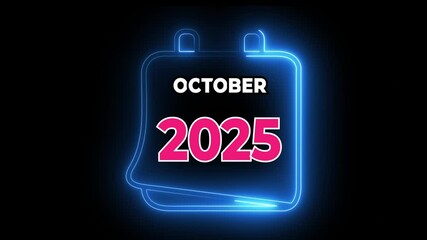 2025, January to December  month calendar symbol icon animation.  Glowing neon calendar schedule symbol animated icon on black background.