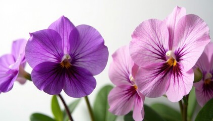 Fototapeta premium Vibrant African Violets, close-up, white backdrop, close up, green, photography