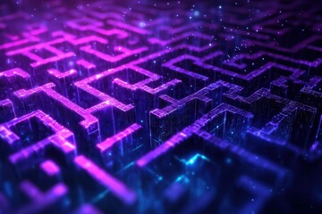quantum circuit maze rendered in holographic neon purple and cyan floating in zero gravity with particle effects