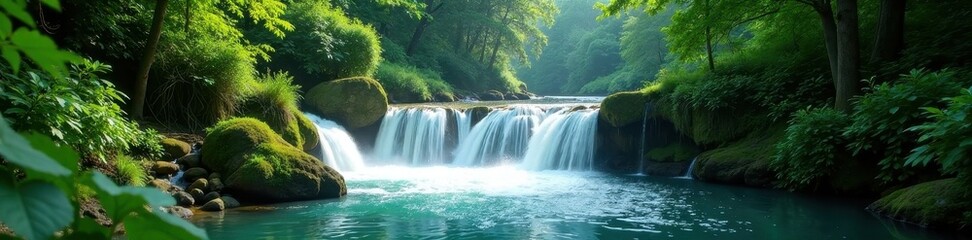 Fototapeta premium Vibrant cascade tumbles through lush emerald forest , landscape, vibrant