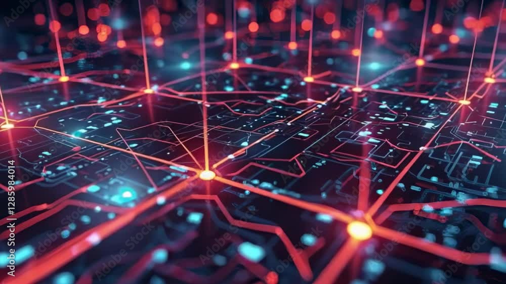 Poster intricate digital network visualization with neon glow on a dark background