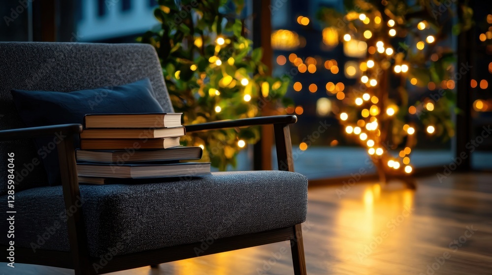 Poster a chair with a stack of books on it and a christmas tree in the background