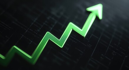 Naklejka premium Green arrow is growing up representing positive financial trend on dark background