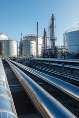Obraz premium Vast industrial gas processing facility featuring massive storage tanks and intricate pipelines under a clear blue sky.