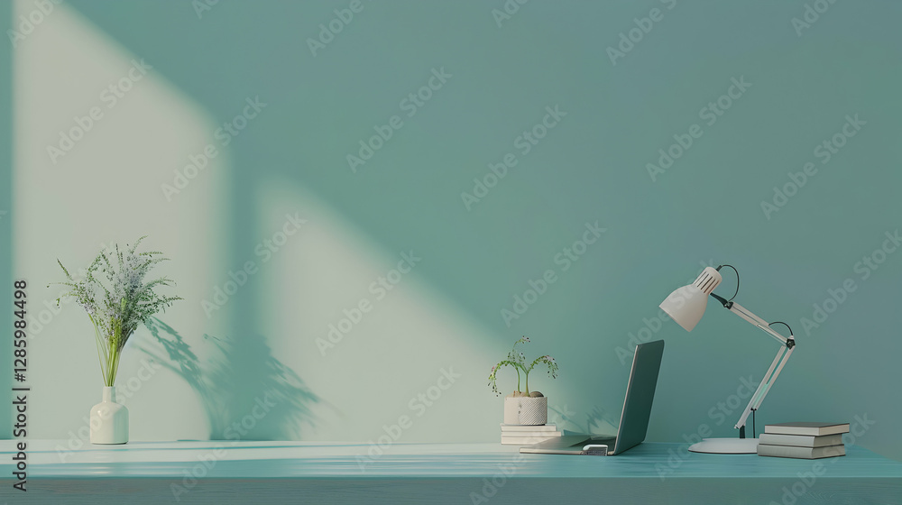 Poster modern workspace with a laptop and desk lamp, featuring plants and soft shadows in a serene setting