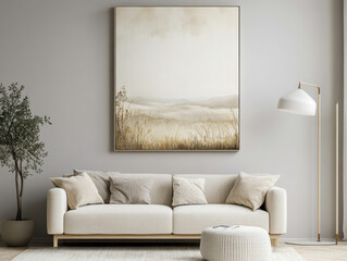 Neutral Living Room with Soft White Sofa and Abstract Art