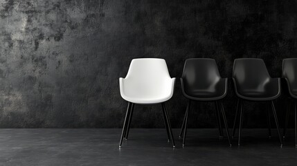 White chair stands out in a black chair lineup, dark textured background, 3D render, uniqueness theme