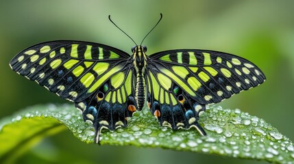 Fototapeta premium Vibrant green and black swallowtail butterfly resting on dewy leaf, lush green background