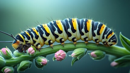 Fototapeta premium Vibrant caterpillar on plant stem with flowers, macro