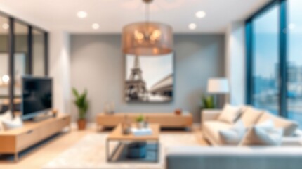 Modern Living Room Interior Design: Cozy Space with Contemporary Furniture, Large Windows, and Stylish Lighting