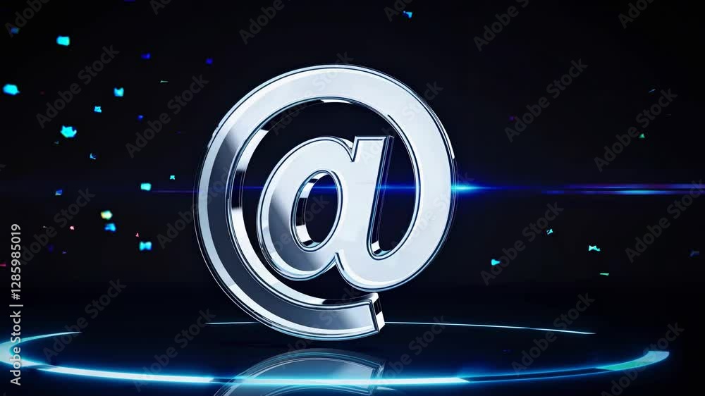 Aufkleber futuristic video concept with a low-angle view of a 3d metallic '@' symbol, surrounded by glowing pa