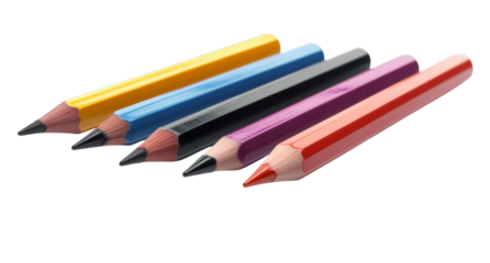 Colorful set of hexagonal colored pencils aligned on transparent background
