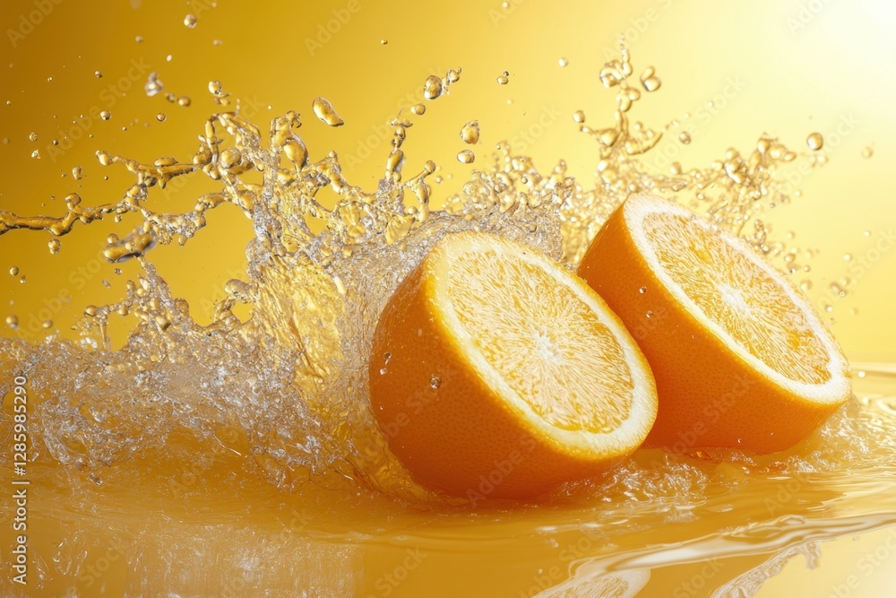 Poster slices of fresh oranges create a splash in vibrant yellow liquid under soft lighting during a sunny 