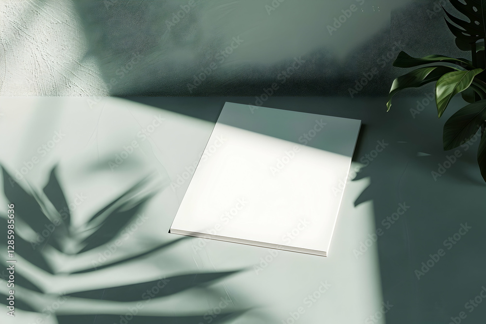Aufkleber minimalist scene featuring a blank notebook on a soft surface with shadows and green foliage