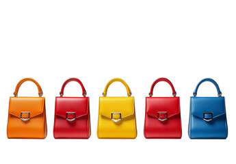 Colorful leather handbags collection with five vibrant bags in a row