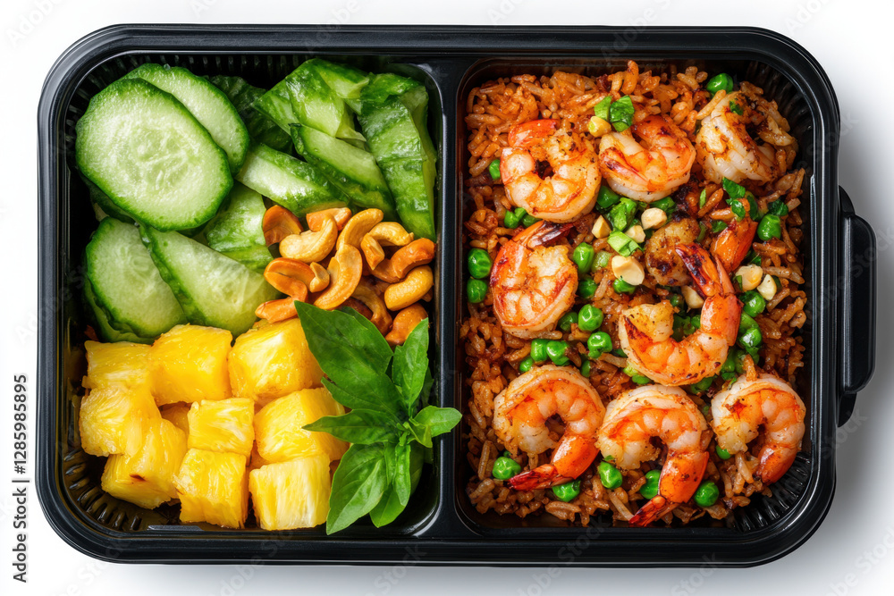 Poster food in black plastic box, a top-view image showcasing an isolated object with ample surrounding spa