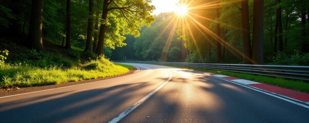 Asphalt race track curves through sun-dappled summer woods , foliage, daytime