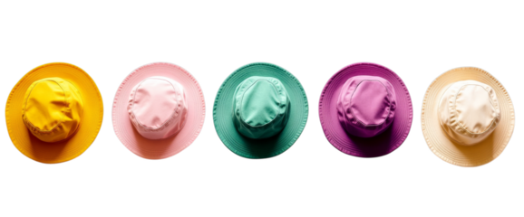 Colorful wide-brimmed hats in yellow, pink, green, purple, and beige on transparent background